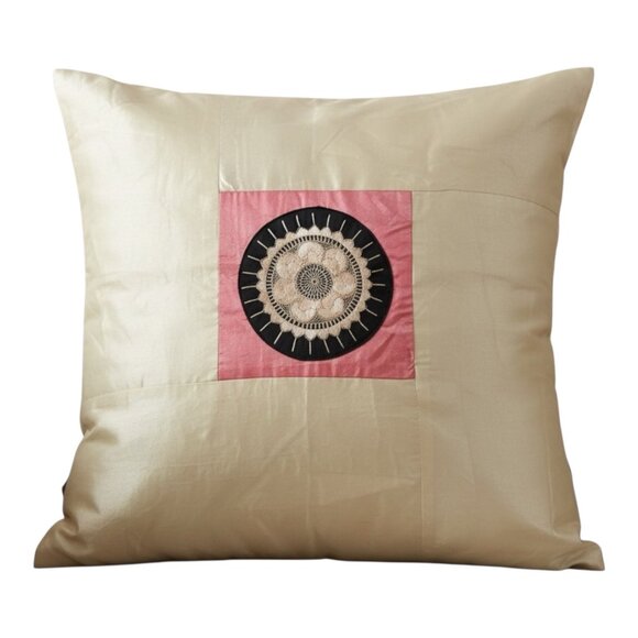 Set of 2 Boho Silk Throw Pillow Covers 16.5” Beige Patchwork Embroidered Mandala - Picture 1 of 5